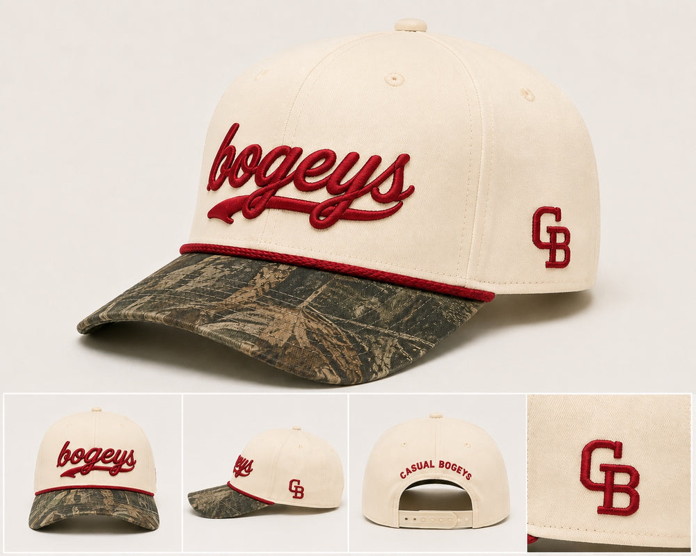 Cream Bogeys rope hat with camo brim and red embroidery